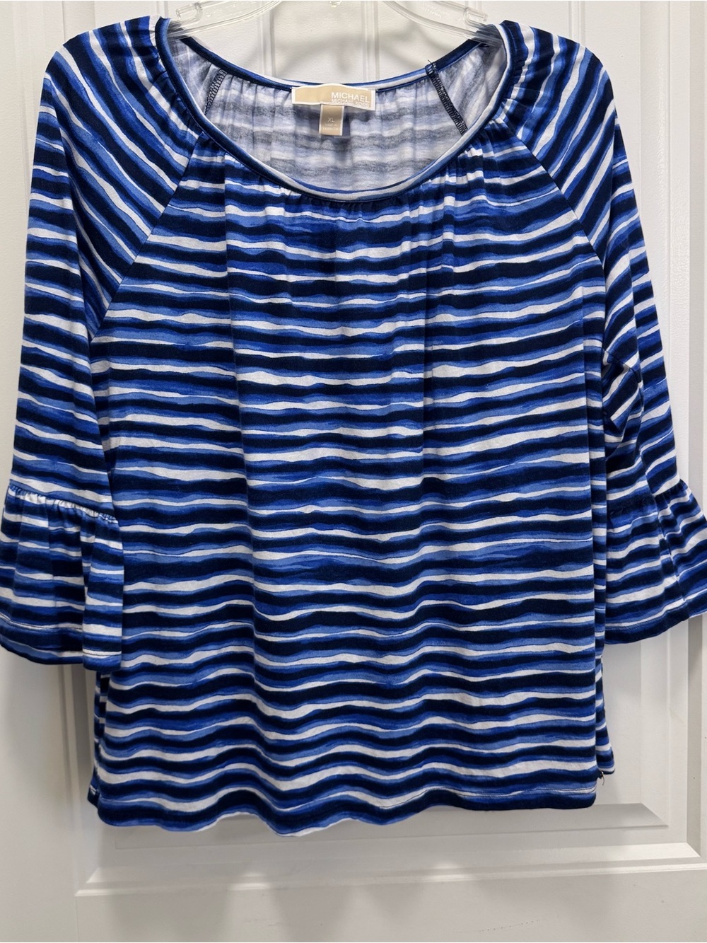 Michael Kors Blouse Top XL Blue White Wavy Stripes Coastal Nautical 3/4 Bell Slv